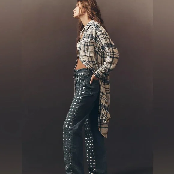 Anthropologie Pilcro Side-Slit Maci Tunic Buttondown in Ivory Plaid, size L, NWT - Picture 4 of 12